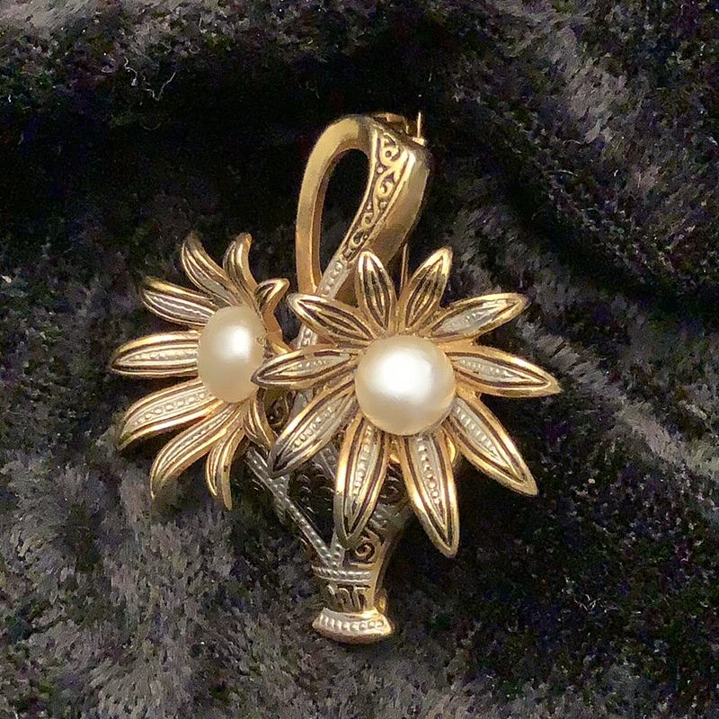 Damascene Brooch/Pin Basket With 2 Flowers Pearl Center Marked Spain